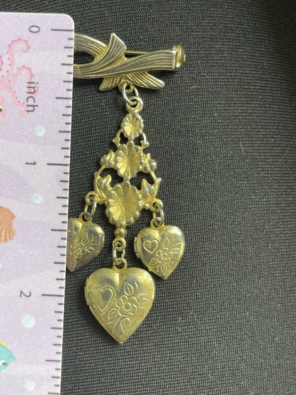 Vintage Gold-Tone Bow Brooch With 3 Dangle Heart Lockets READ